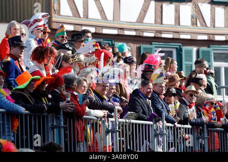 Fastnachtsumzug in Seligenstadt 03.03.2025 in der schönen Altstadt von Seligenstadt ist heute am Rosenmontag der Fastnachtsumzug der Höhepunkt trotz vieler Strassensperrungen und Umleitungen sowie Polizeipräsenz hier Zuschauertibüne mit erstem Stadtrat Seligenstadt Hessen Deutschland *** Karnevalsparade in Seligenstadt 03 03 03 2025 in der schönen Altstadt von Seligenstadt ist der Karnevalsumzug heute am Rosenmontag trotz vieler Straßensperrungen und Großstadtaufhaltung Heligenstadt das Highlight hier und Großstadtaufsicht Heligenstadt Stockfoto
