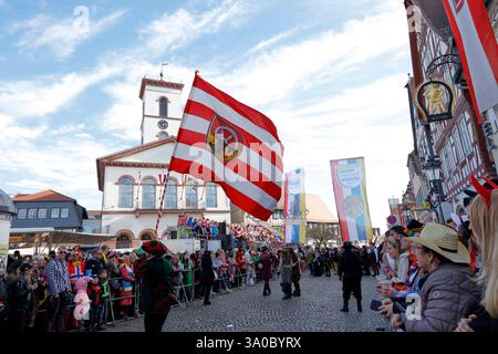 Fastnachtsumzug in Seligenstadt 03.03.2025 in der schönen Altstadt von Seligenstadt ist heute am Rosenmontag der Fastnachtsumzug der Höhepunkt trotz vieler Strassensperrungen und Umleitungen sowie Polizeipräsenz hier Fahnenträger Stadtwappen Seligenstadt Hessen Deutschland *** Karnevalsumzug in Seligenstadt 03 03 2025 in der schönen Altstadt von Seligenstadt ist der Karnevalsumzug heute am Rosenmontag trotz vieler Straßensperrungen und Umleitungen und Umleitungen sowie Umleitungen und Umleitungen sowie Polizeiwappen Heligenstadt das Highlight hier Stockfoto