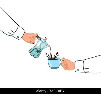 Vektor-Illustration im Zeichentrickstil mit Leuten, die Kaffee zum Frühstück von einer Kaffeemaschine gießen. Weißer Hintergrund isoliert. Stock Vektor