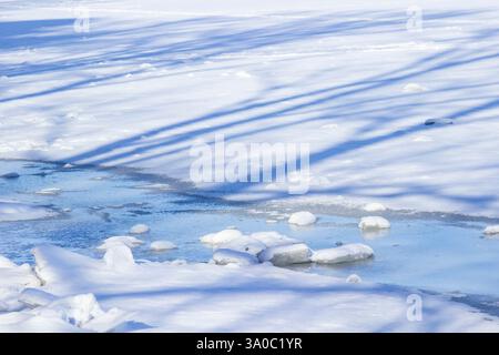 Der nicht gefrorene Bach fließt zwischen Eis und Schnee. Schatten auf Schnee. Hintergrund Stockfoto