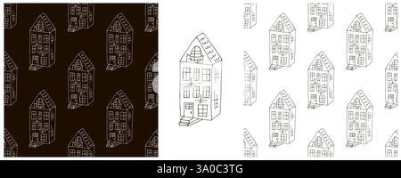 Setzen Sie nahtlose Muster mit monochromen Häusern. Gebäude, Wohngebäude. Muster in Handzeichnung Stock Vektor