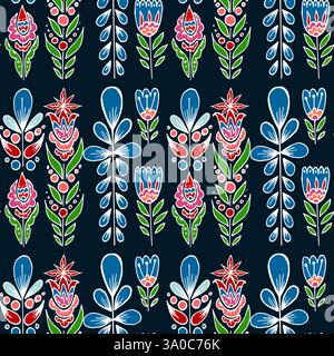 Blumenschmuck. Blaues Muster. Muster im handgezeichneten Stil. Drucken Sie in Handzeichnung, die für Stoffe, Textilien usw. entwickelt wurde Stock Vektor