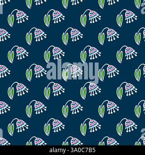 Blumenschmuck. Blaues nahtloses Muster. Muster in handgezeichnetem Stil, für Stoffe usw. erstellt Stock Vektor