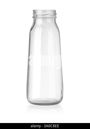 Leere Glasflasche auf weißem Hintergrund mit Reflexion, ideal zur Präsentation Ihres Produkts Stockfoto