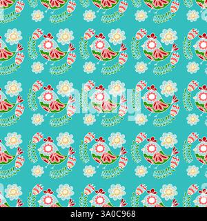 Nahtloses Muster. Blaue Blumen und Vögel im skandinavischen Cottagecore-Stil mit Boho-Muster. Druck für Stoffdesign, Textil, Verpackung usw. Stock Vektor