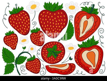 Erdbeere. Satz von farbigen Illustrationen im Stil der Handzeichnung. Design für Postkarten, Flyer, Banner, Raumdekoration. Symbole, Schilder, Aufkleber, Pins-Logo Stock Vektor