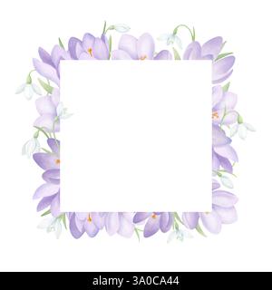 Schneeglöckchen und Krokusse, quadratischer Rahmen. Blumenkomposition in Aquarellen mit Platz für Text. Hand gezeichneter Frühling Hintergrund für Hochzeitseinladungen Stockfoto