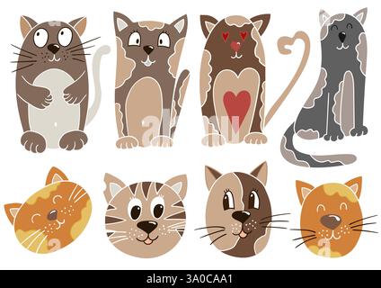 Katzen. Satz von farbigen Illustrationen im Stil der Handzeichnung. Weiße Umrandung. Design für Postkarten, Flyer, Banner. Symbole, Schilder, Aufkleber, Pin-Logos Stock Vektor