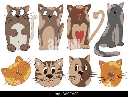 Katzen. Satz von farbigen Illustrationen im Stil der Handzeichnung. Design für Postkarten, Flyer, Banner, Raumdekoration. Symbole, Schilder, Aufkleber, Pin-Logos Stock Vektor