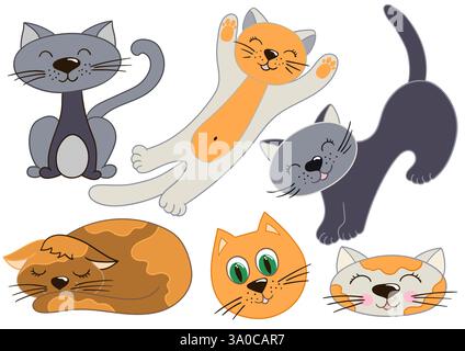 Katzen. Satz von farbigen Illustrationen im Stil der Handzeichnung. Design für Postkarten, Flyer, Banner, Raumdekoration. Symbole, Aufkleber, Pins Logos Stock Vektor