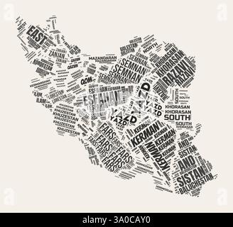 Iran Word Cloud. Land mit Geschäftsbereich Regionen. Iran typografischer Text Wolken Vektor-Bild-Design. Landschaftbild im Vintage gazette-Stil. Stock Vektor