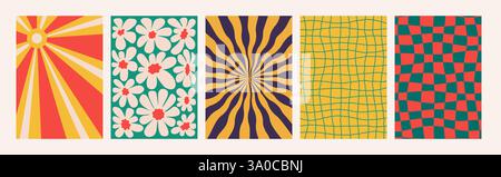 Abstrakte Groovy-Hintergründe. Set aus psychedelischen Retro-Mustern in Retro-Farben. Trendige verdrehte und karierte funky Vektortextur in abstraktem y2k Stock Vektor