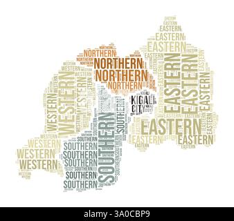 Ruandische Wortwolke. Länderform mit Gebietseinteilung. Ruandische Typografie. Bereichsnamen kennzeichnen Wolken. Vektorabbildung. Stock Vektor