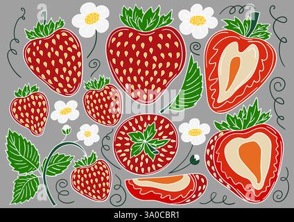 Erdbeere. Satz von farbigen Illustrationen im Handzeichnungsstil auf grauem Hintergrund. Weiße Umrandung. Design für Postkarten, Flyer, Banner. Symbole, Schilder, stic Stock Vektor