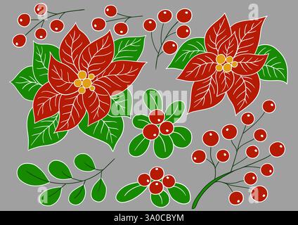 Weihnachtsstern. Satz von farbigen Illustrationen im Handzeichnungsstil auf grauem Hintergrund. Weiße Umrandung. Design für Postkarten, Flyer, Banner. Symbole, Aufkleber, l Stock Vektor