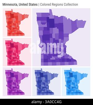 Minnesota, Usa. Kartensammlung. Statusform. Farbige Bezirke. Dunkelviolett, Rot, Rosa, Lila, Indigo, blaue Farbpaletten. Stock Vektor