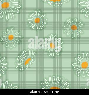 Daisy kariertes Muster, Daisy Blumen nahtlose Gingham gemusterte Hintergrundvektor nette Hand gezeichnete Art, grün, weiß, gelb Stock Vektor