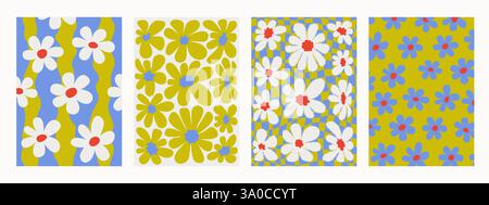 Abstraktes psychedelisches Retro-Muster-Set. Groovige Hintergründe mit Gänseblümchenmuster. Trendige, funky Vektor-Textur im abstrakten y2k-Stil. Vektorgrafik für Stock Vektor