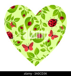 Herzförmige Illustration gefüllt mit leuchtenden Schmetterlingen und Marienkäfern zwischen grünen Blättern auf hellem Hintergrund Stock Vektor