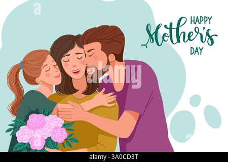 Illustration von Mutter, Tochter, Vater und SMS. Stock Vektor