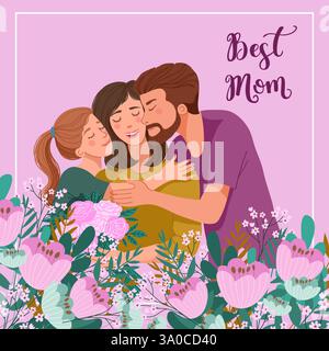 Süße Postkarte von Mutter, Tochter, Vater und SMS. Stock Vektor