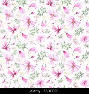 Abstrakte rosafarbene Magnolienblüten, grüne Blätter und flatternde goldene Schmetterlinge nahtloses Muster auf Aquarellfarben. Helles Blumenmuster Stockfoto