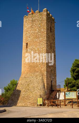 Turm der Burg von L'Aldea, neben der Eremitage von Mare de Déu de l'Aldea, im Ebro-Delta (Tarragona, Katalonien, Spanien) Stockfoto