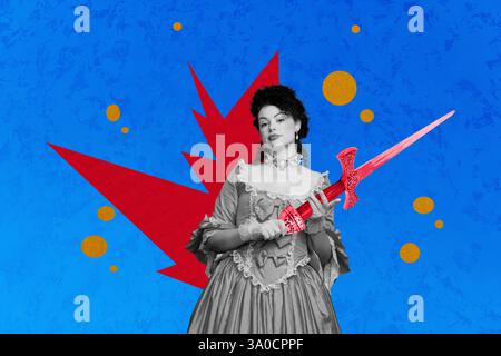 Trendkunstwerk Poster Composite Sketch Bild Collage der jungen Frau Stand halten Schwert heldenhaften Ritter Kostüm Eroberer Vintage Soldat Outfit Stockfoto