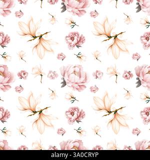 Nahtloses Muster mit floralen Pfingstrosen und Magnolienblüten. Stockfoto