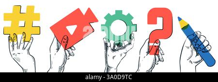 Menschliche Hand hält buntes Videosymbol, Bleistift, Fragezeichen, Hashtag, Ausrüstung. Vektor handgezeichnete Skizze Geschäftsillustration. Social-Media-Marketing, Stock Vektor