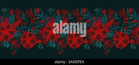 Nahtloses Blumenmuster auf dunklem Hintergrund. Handzeichnung. Nicht AI, Vektorillustration Stock Vektor