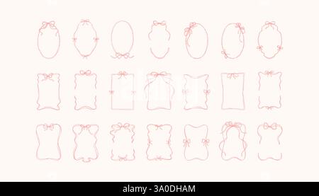 Rahmenset mit Schleifenband. Handgezeichnete vertikale ovale und rechteckige, niedliche Vintage-Kokettische Rahmen. Strichgrafik-Kritzelvektor-Illustration. Hochzeitseinladung, val Stock Vektor