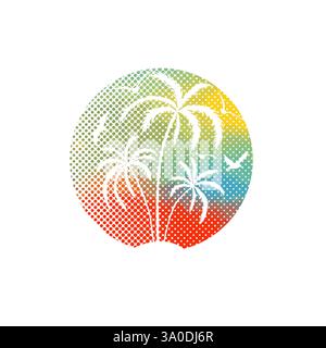 Abstrakte Palme im Kreis bei Sonnenuntergang. Kreisförmige Ikone mit tropischer Landschaft. Paradies Insel. Handgezeichnet. Nicht AI, Vektorillustration Stock Vektor