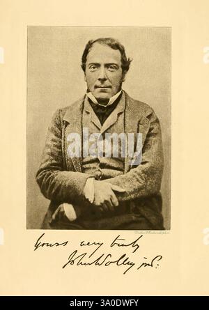 Ootheca, Wolleyana, London, verkauft von R. H. Porter, 1864–1907, Porträts, Ornithologie, John Wolley, Naturforscher, Ein sitzender Mann mit einem ernsten Ausdruck, trägt ein formelles Outfit mit Weste und Mantel. Er sitzt mit gekreuzten Armen und vermittelt ein Gefühl von Gleichmut und Selbstvertrauen. Unter ihm befindet sich eine handschriftliche Unterschrift mit der Aufschrift „Yours very wahrlich, B. H. W. C. M.“. Die Gesamtpräsentation deutet auf einen historischen Kontext hin, der möglicherweise auf ein bemerkenswertes Individuum oder eine wichtige Figur aus der Vergangenheit hinweist. Stockfoto