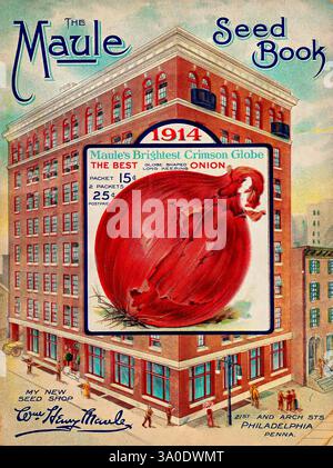 Maules Saatgutkatalog, Philadelphia, Pa, die Firma, Zwiebeln, Pflanzen, Kataloge, Blumen, Gartenarbeit, Maule WM Henry Firm, Baumschulen, Gartenbau, Baumschulen, Baumschulen, Pennsylvania, Stauden, Philadelphia, Saatgutindustrie und -Handel, Saatgut, Gemüse, Maules hellste Crimson Globe Zwiebeln, Gartengeschichten, in Blüte, Allium cepa, Zwiebeln, eine aufwändig illustrierte Werbung zeigt einen historischen Saatgutkatalog, der oben den Titel „Maule Seed Book“ trägt. Darunter fällt eine lebhafte Darstellung einer großen roten Zwiebel mit der Aufschrift „Maules hellster Karmesinkugel“ sofort auf. Ein Stockfoto