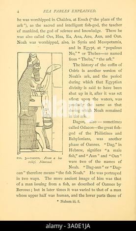 Sea Fables erklärte London W. Clowes and Sons ltd. 1883 Ozean Halloween Folklore Monster real, der Text beschreibt die Anbetung von Dagon, einer bedeutenden Gottheit, die mit Landwirtschaft und Fisch verbunden ist, besonders in alten Kulturen von Chaldäa und Erec. Es unterstreicht Dagons Verbindung zum Meer und die Rolle, die er im Leben der Menschen spielte, die ihn als Beschützer der Fische und als eine Gewährleistung der reichlichen Ernten aus dem Wasser betrachteten. Das Dokument erwähnt auch seine Verbindung mit der Gottheit Osiris und diskutiert verschiedene Interpretationen von Dagons Identität, einschließlich kontrastierender Darstellungen in Stockfoto