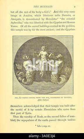 Sea Fables erklärt, London, W. Clowes and Sons, Ltd, 1883, Ocean, Halloween, Folklore, Meerjungfrau, Monster sind echt, der Text beschreibt eine Szene, in der eine Meerjungfrauenfigur aus dem Meer aufsteigt. Sie wird von Tritonen flankiert, die die aquatische Mythologie symbolisieren, während sie nach dem Himmel streckt. Das Bild bezieht sich auf historische Berichte von Herodot über einen Tempel, der der Venus gewidmet ist, und verbindet ihn mit früheren Ursprüngen und Kultpraktiken der Phönizier. Er betont die Verbindung zwischen göttlichen Figuren und ihrer Ehrfurcht in alten Kulturen, wobei er insbesondere die Konst hervorhebt Stockfoto