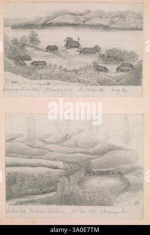 Jagd, andere Skizzen in Zentralafrika, Kongo, Kwilu und Südwestküstenbezirk 1884-1888, Africa Central, NZA Ubula, Bildwerke, Skizzenbücher, reisen, die Illustration zeigt zwei ruhige Landschaften. Die oberste Szene zeigt einen ruhigen Blick auf den Fluss und zeigt eine Ansammlung traditioneller Hütten inmitten sanfter Hügel. Eine Flagge weht auf einer der Strukturen, was auf eine Gemeindeversammlung oder ein bedeutendes lokales Ereignis hindeutet. Das ruhige Wasser spiegelt die umliegende Natur wider und verstärkt die Harmonie der Umgebung. In der unteren Szene zeigt eine andere Perspektive sanfte Hügel, die mit Punkten versehen sind Stockfoto