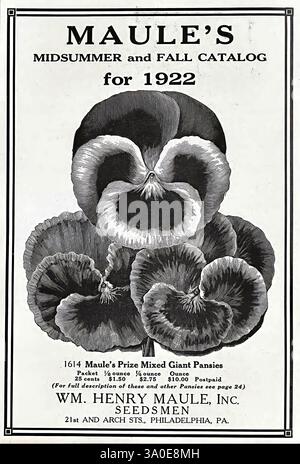 Maules Saatgutkatalog, Philadelphia, Pa, die Firma, Kataloge, Blumen, Gartenarbeit, Maule WM Henry Firma, Gärtnereien, Gartenbau, Gärtnereien, Gärtnereien, Pennsylvania, Stauden, Philadelphia, Saatgutindustrie und -Handel, Saatgut, Maules Preis gemischte Riesenstiefmütterchen, Gartengeschichten, in Blüte, Bratsche, Stiefmütterchen, Violet, Bratsche, das Cover von Maules Mittsommer- und Herbstkatalog für 1922 zeigt ein markantes Arrangement von Stiefmütterchen, die in der Mitte hervorgehoben sind. Jedes Stiefmütterchen ist mit komplizierten Details dargestellt, die ihre einzigartigen Formen und Muster zeigen, von tiefviolettem bis hellerem Farbton, was eine visuelle Note schafft Stockfoto