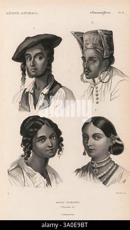 Le règne Animal distribué d'après son Organisation, Paris, 1836-1849, Anatomie, Comparative, Tiere, Klassifizierung, Identifizierung, Nomenklatur, Zoologie, das museum für vergleichende Zoologie zeigt vier verschiedene Porträts, die jeweils Personen zeigen, die in traditioneller Kleidung aus verschiedenen Kulturen gekleidet sind. Die Figur oben links trägt einen Hut mit breiter Krempe und ein loses Hemd mit offenem Kragen, was ein Gefühl von lässiger Raffinesse vermittelt. Auf der rechten Seite trägt eine andere Person einen raffinierten Kopfschmuck und große Ohrringe, was auf eine königliche oder zeremonielle Darstellung hindeutet. In der unteren linken Ecke, A Stockfoto