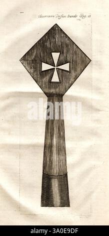 The Six Voyages of John Baptista Tavernier, London, gedruckt für R.L. und M. P, 1678, Indien, Türkei, Iran, Beschreibung und Reise, Reisen und Reisen, ein kunstvolles Objekt mit einem diamantförmigen Kopf und einem auffälligen Kreuzdesign in der Mitte. Der Griff ist an der Basis gestreckt und ausgeweitet, was darauf hindeutet, dass er als zeremonielles oder symbolisches Werkzeug dienen kann. Die detaillierten Linien erinnern an ein Gefühl von Handwerkskunst, während die Gesamtform eine Mischung aus Eleganz und Funktionalität vermittelt. Umgebende Elemente weisen eine historische oder kulturelle Bedeutung auf, die möglicherweise mit Governance oder Führung in Verbindung steht. Das Design su Stockfoto