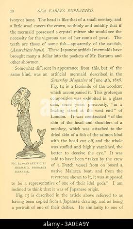 Sea Fables Explained, London, W. Clowes and Sons, ltd, 1883 Ozean halloween Folklore Meerjungfrauenmonster sind real, eine Illustration mit dem Titel Sea Fables Explained, mit einem Auszug aus dem Saturday Magazine vom 4. Juni 1836. Der Text beschreibt eine künstliche Meerjungfrau, die in der Zeitschrift beschrieben wird, und beschreibt ihr groteskes Aussehen und die Materialien, mit denen sie geschaffen wurde. Sie erwähnt, dass die Meerjungfrau aus der Haut eines Affen und eines Fisches gefertigt wurde, um einem mythischen Wesen zu ähneln. Die Passage unterstreicht die Faszination für solche Kuriositäten im 19. Jahrhundert und reflektiert über t Stockfoto