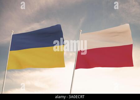 Flaggen der Ukraine und POLENS winken mit wolkenblauem Himmel Hintergrund, Beziehungen zwischen Ländern.3D-Rendering. Stockfoto