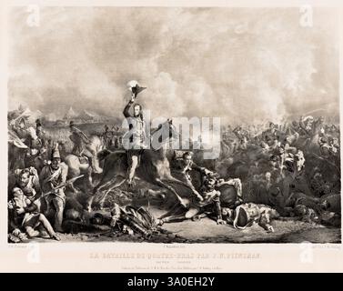 Die Schlacht von Waterloo war die letzte Schlacht der Napoleonischen Kriege. Napoleon kapitulierte kurz darauf und wurde nach St. Helena verbannt. Die Schlacht bestand aus drei Schlachten über drei Tage – bei Quatre Bras und Ligny am 16. Juni und bei Waterloo am 18. Juni. In der Schlacht von Quatre Bras gelang es Napoleon nicht, die wichtige Kreuzung nur wenige Kilometer vom Schlachtfeld Waterloo zu sichern. Dieses Bild zeigt den Prinzen von Orange, später König Wilhelm II., der seine Truppen in der Schlacht anführt. Stockfoto