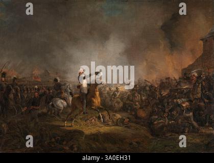 Die Schlacht von Waterloo war die letzte Schlacht der Napoleonischen Kriege. Napoleon kapitulierte kurz darauf und wurde nach St. Helena verbannt. Die Schlacht bestand aus drei Schlachten über drei Tage – bei Quatre Bras und Ligny am 16. Juni und bei Waterloo am 18. Juni. In der Schlacht von Quatre Bras gelang es Napoleon nicht, die wichtige Kreuzung nur wenige Kilometer vom Schlachtfeld Waterloo zu sichern. Dieses Bild zeigt den Prinzen von Orange, später König Wilhelm II., der seine Truppen in der Schlacht anführt. Gemälde von Jan Willem Pieneman. Stockfoto