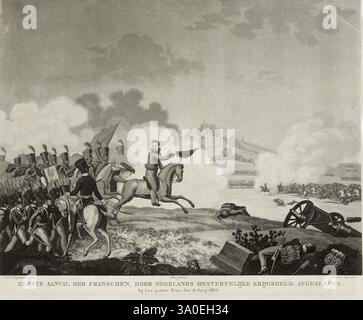 Die Schlacht von Waterloo war die letzte Schlacht der Napoleonischen Kriege. Napoleon kapitulierte kurz darauf und wurde nach St. Helena verbannt. Die Schlacht bestand aus drei Schlachten über drei Tage – bei Quatre Bras und Ligny am 16. Juni und bei Waterloo am 18. Juni. In der Schlacht von Quatre Bras gelang es Napoleon nicht, die wichtige Kreuzung nur wenige Kilometer vom Schlachtfeld Waterloo zu sichern. Dieses Bild zeigt den Prinzen von Orange, später König Wilhelm II., der seine Truppen in der Schlacht anführt. Stockfoto