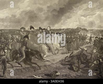 Die Schlacht von Waterloo war die letzte Schlacht der Napoleonischen Kriege. Napoleon kapitulierte kurz darauf und wurde nach St. Helena verbannt. Die Schlacht bestand aus drei Schlachten über drei Tage – bei Quatre Bras und Ligny am 16. Juni und bei Waterloo am 18. Juni. In der Schlacht von Quatre Bras gelang es Napoleon nicht, die wichtige Kreuzung nur wenige Kilometer vom Schlachtfeld Waterloo zu sichern. Dieses Bild zeigt den Prinzen von Orange, später König Wilhelm II., zu Pferd, der die niederländischen Truppen während der Schlacht von Quatre-Bras am 16. Juni 1815 anführt. Stockfoto