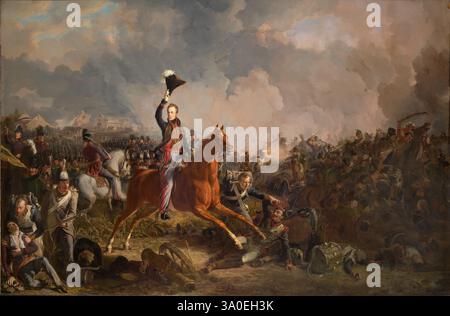 Die Schlacht von Waterloo war die letzte Schlacht der Napoleonischen Kriege. Napoleon kapitulierte kurz darauf und wurde nach St. Helena verbannt. Die Schlacht bestand aus drei Schlachten über drei Tage – bei Quatre Bras und Ligny am 16. Juni und bei Waterloo am 18. Juni. In der Schlacht von Quatre Bras gelang es Napoleon nicht, die wichtige Kreuzung nur wenige Kilometer vom Schlachtfeld Waterloo zu sichern. Dieses Bild zeigt den Prinzen von Orange, später König Wilhelm II., der seine Truppen in der Schlacht anführt. Gemälde von Jan Willem Peineman. Stockfoto