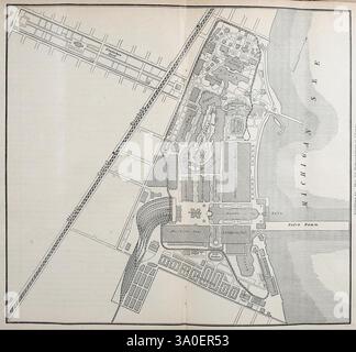 Gartenflora, Erlangen, F. Enke, 1852-1940, Botanik, Gartenarbeit, Deutschland, Zeitschriften, Pflanzen, Zierpflanzen, dieses detaillierte Layout bietet eine umfassende Karte eines bestimmten Gebiets mit verschiedenen Strukturen und deren Anordnung. Zu den Schlüsselelementen gehören ausgewiesene Zonen für Gebäude, Wege und offene Räume, wobei auffällige Sehenswürdigkeiten hervorgehoben werden. Die Karte zeigt auch benachbarte Gewässer und Transportwege an, was den Kontext für das geografische Layout darstellt. Jeder Abschnitt ist eindeutig gekennzeichnet und bietet einen Einblick in die Organisation und Planung der Umgebung zu diesem Zeitpunkt. Das Gesamtbild DE Stockfoto