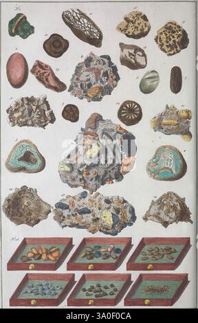 Locupletissimi rerum naturalium thesauri exacata descriptio, et iconibus artificiosissimis expressio, per universam physices historiam, Amstelaedami, apud J. Wetstenium, & Gul. Smith, & Janssonio-Waesbergios, 1734-1765. Naturgeschichte, Bildwerke, prälinneanische Werke, Eine detaillierte Ausstellung mit einer Reihe von geologischen Exemplaren und Mineralformationen, systematisch für pädagogische Zwecke organisiert. Im oberen Bereich sind verschiedene Gesteinsarten und Kristalle zu sehen, die jeweils sorgfältig mit Nummern zur Identifizierung gekennzeichnet sind. Zu den bemerkenswerten Beispielen zählen eine Vielzahl von Farben und Texturen, die f Stockfoto